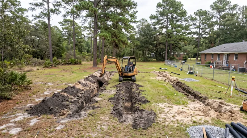 Small excavator digging septic drain field trenches in a grassy yard under pines
