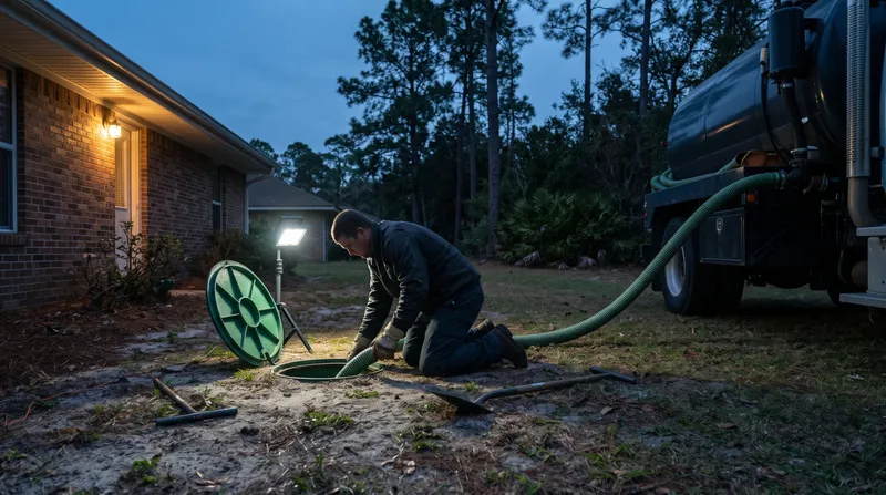 Technician kneeling at an open septic tank by a work light at dusk, pump truck alongside